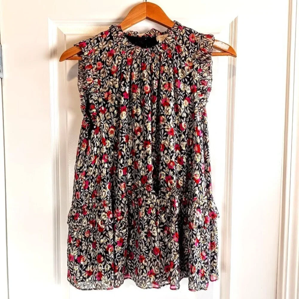 Kate Spade Floral Park Clip Dot Metallic Silk Top